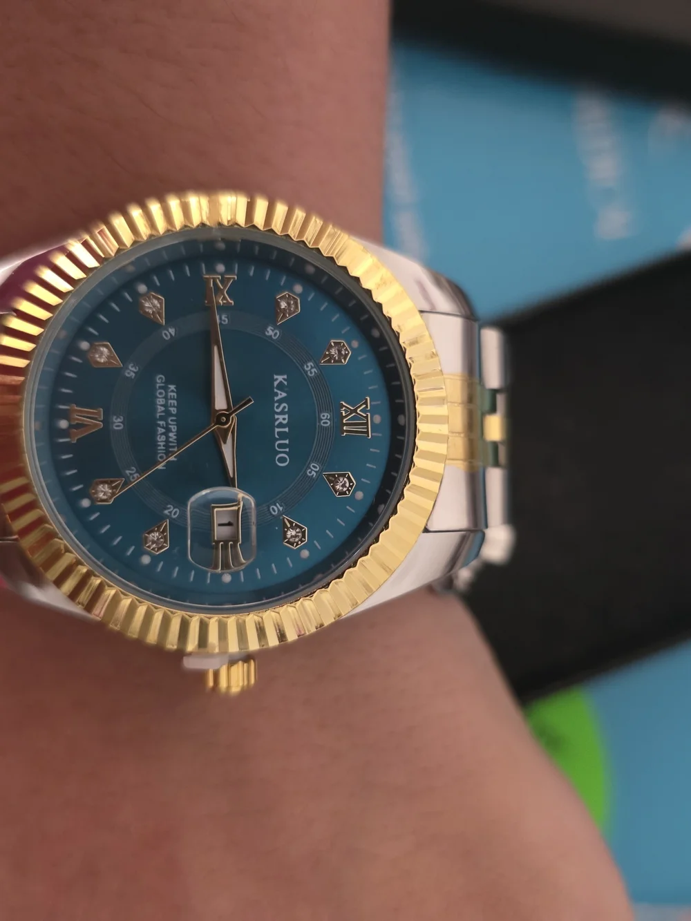 Men's Two-Tone Gold & Silver Watch with Blue Dial